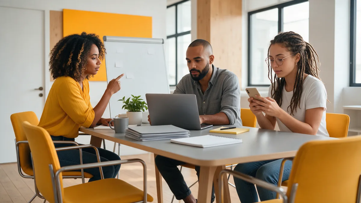 Equipe de agência planeja a semana de conteúdo em volta de uma mesa, com cartões em branco e um notebook