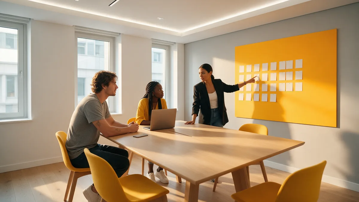 Equipe discute em reunião quais canais de marketing trazem clientes que voltam a comprar