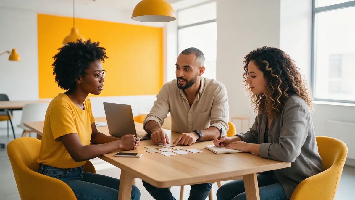 Equipe jovem de uma empresa de serviços conversa em volta da mesa sobre o acompanhamento de clientes depois da venda