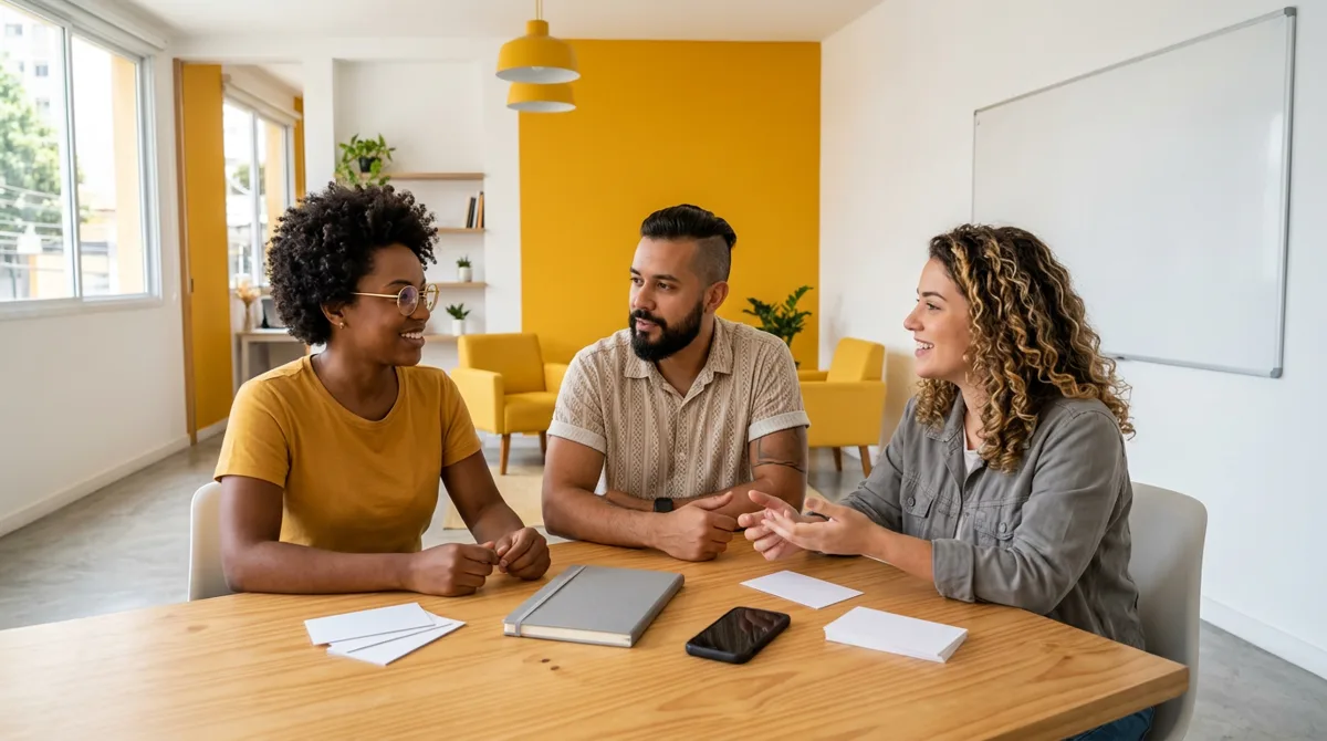 Equipe jovem de uma agência conversa em volta da mesa, separando cartões em dois grupos para decidir uma mudança de rota