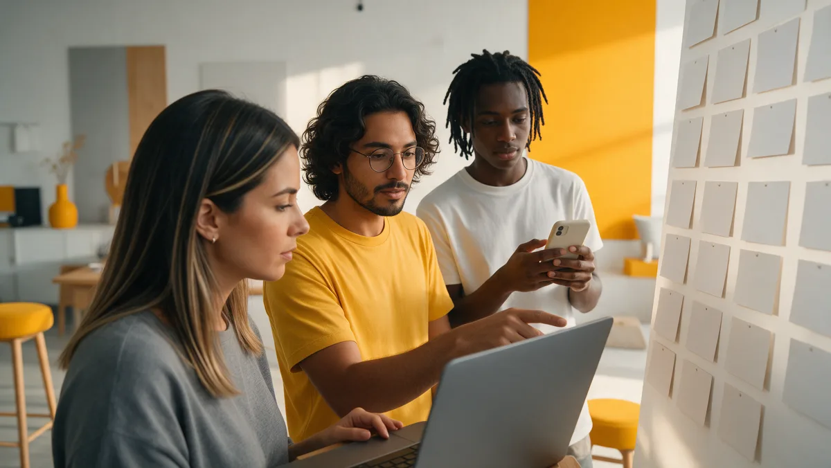 Equipe de marketing analisa resultados de campanhas de uma loja virtual em um estúdio moderno