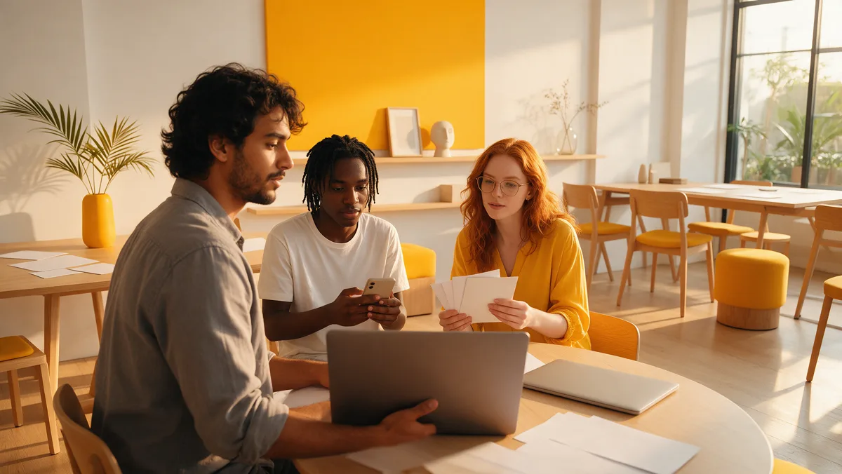 Equipe de marketing jovem organiza impressos e canais digitais lado a lado em um estúdio moderno