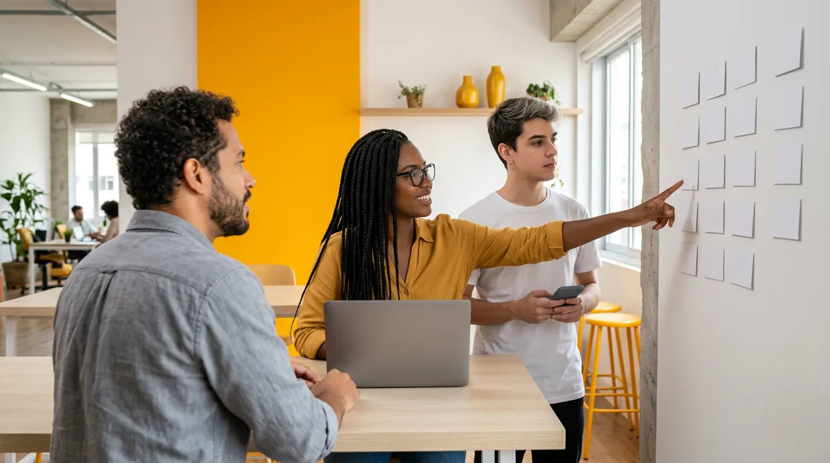 Equipe de marketing analisa pequenos testes lado a lado em um estúdio moderno, antes de decidir uma mudança no negócio