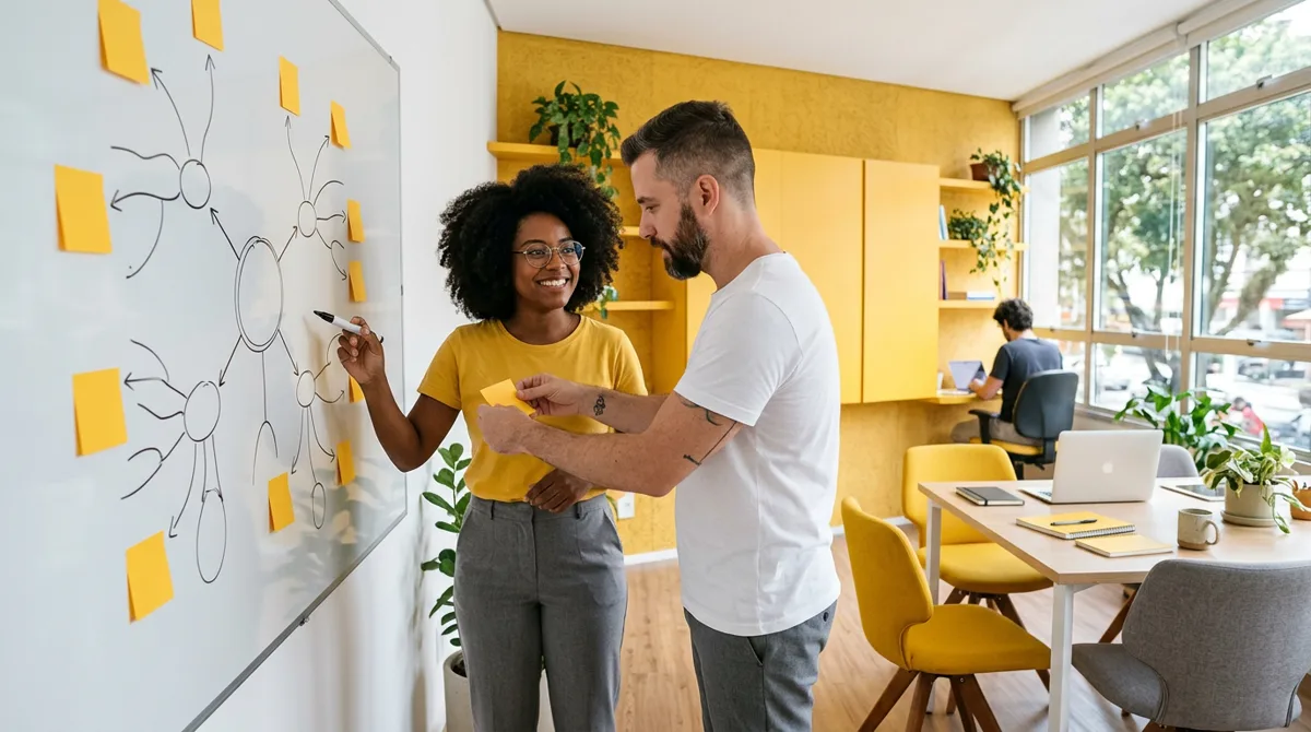 Equipe de uma agência monta um mapa mental em um quadro branco com cartões adesivos amarelos