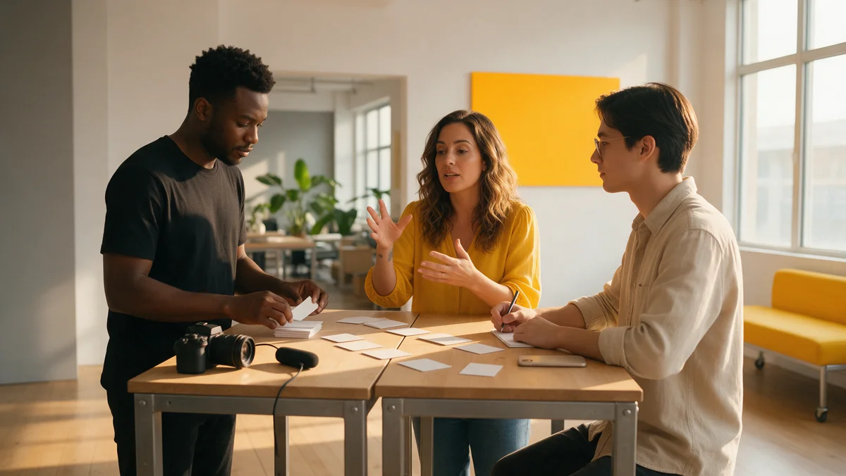 Equipe de agência planejando os ganchos de um vídeo em uma mesa de produção com cartões em branco e câmera