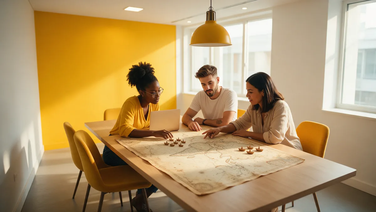 Equipe jovem de uma empresa planeja rotas sobre um mapa decorativo e peças de madeira em formato de barco, em sala moderna com detalhes amarelos