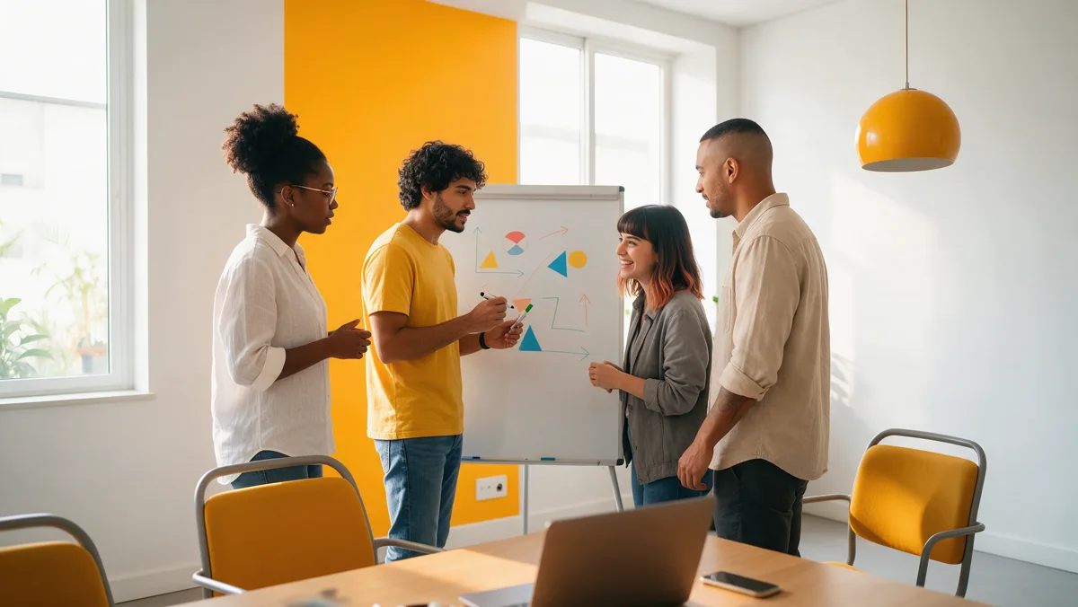 Equipe jovem de uma empresa revisa em pé, diante de um quadro branco, os números de vendas do mês para decidir o que mudar