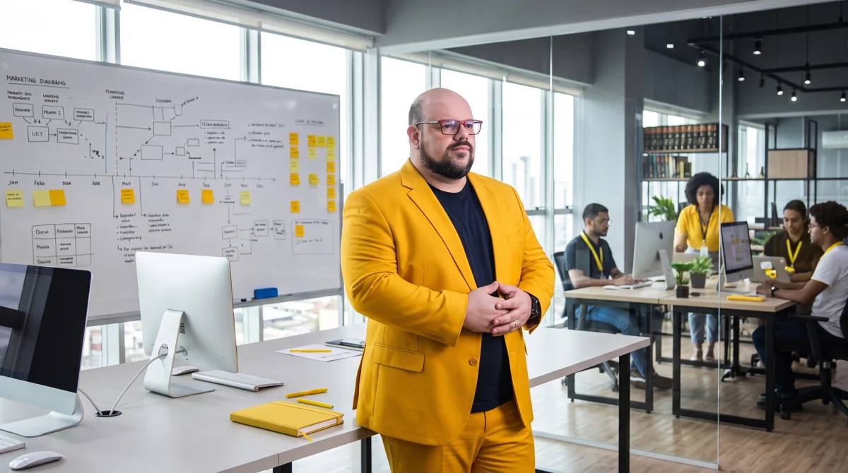 Flávio Sabugo, fundador da Otimize Marketing, de blazer amarelo no escritório da agência