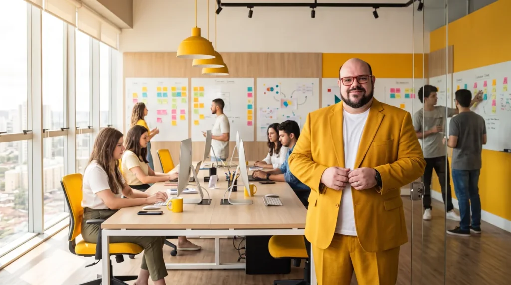 Flávio Sabugo, fundador da Otimize Marketing, de blazer amarelo no escritório da agência