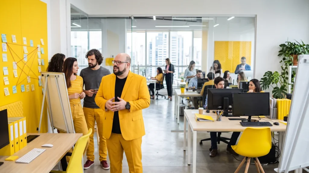Flávio Sabugo, fundador da Otimize Marketing, de blazer amarelo no escritório da agência