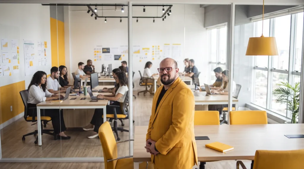 Flávio Sabugo, fundador da Otimize Marketing, de blazer amarelo no escritório da agência
