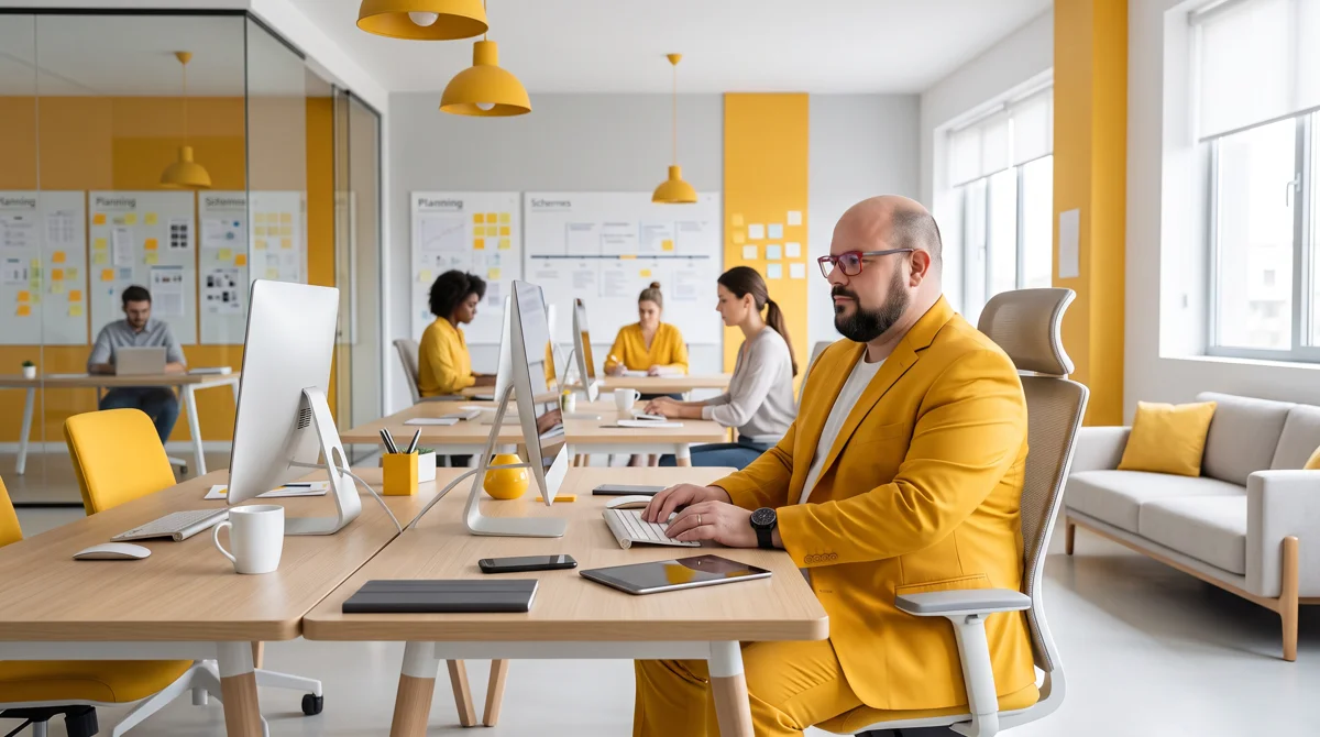 Flávio de blazer amarelo sentado à mesa trabalhando no notebook; equipe e quadros de post-its ao fundo