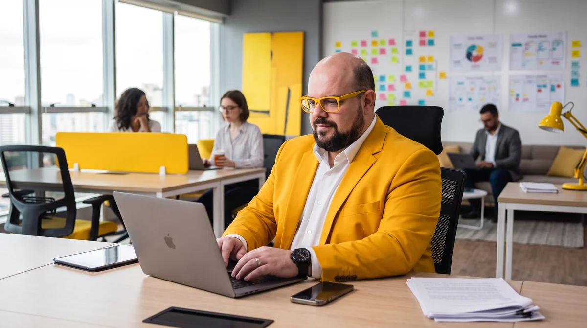 Flávio de blazer amarelo sentado à mesa trabalhando no notebook; equipe e quadros de post-its ao fundo