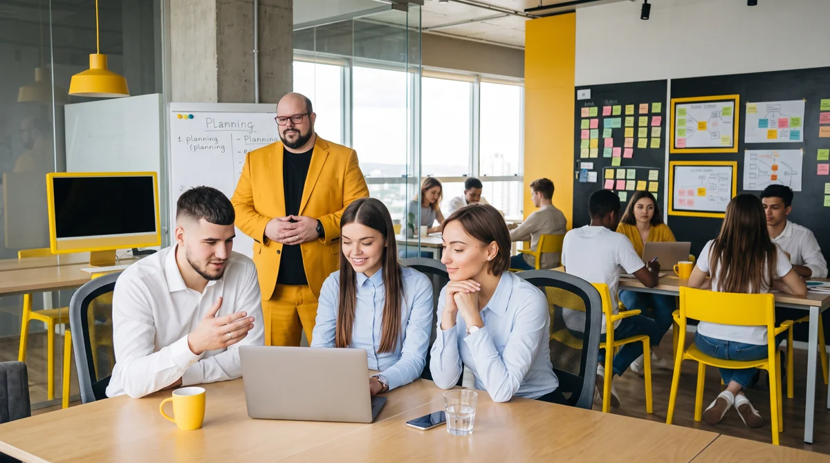 Flávio de terno amarelo e camiseta preta em pé atrás de três colegas no notebook; quadro de planejamento
