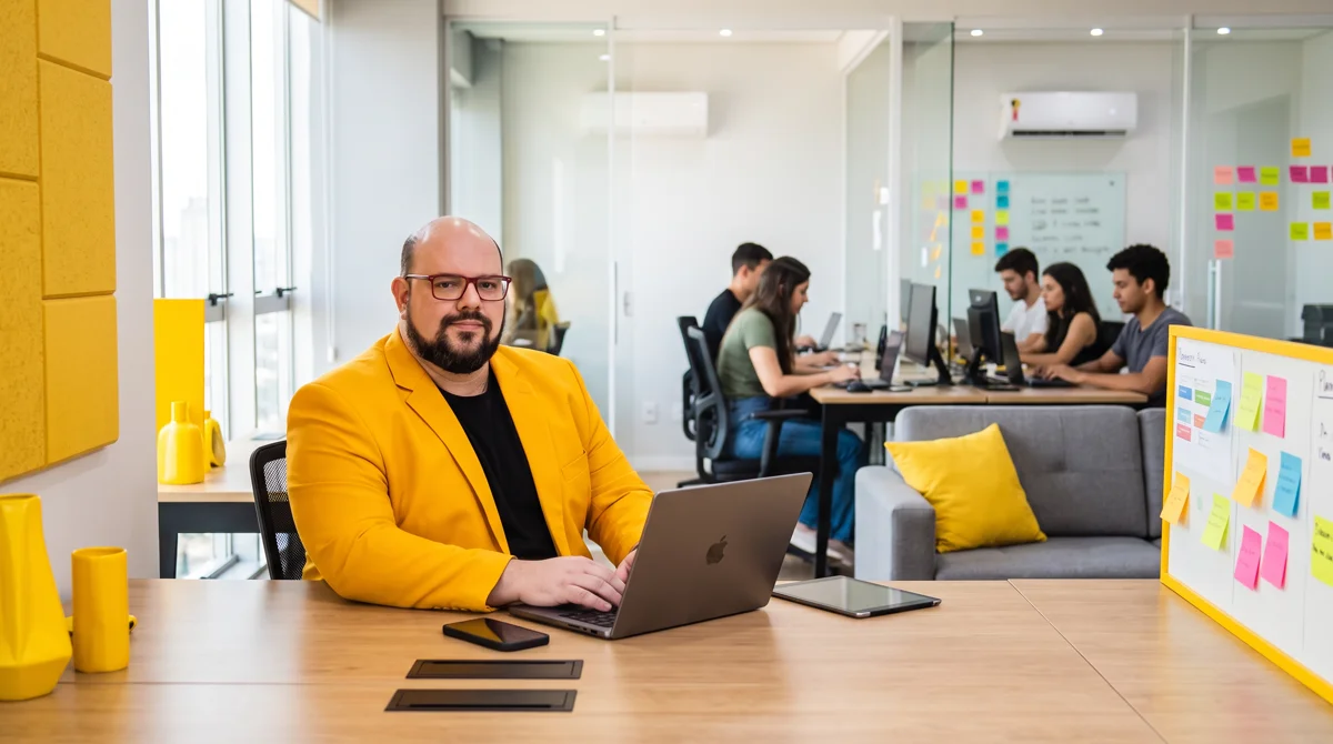 Flávio de blazer amarelo sentado à mesa trabalhando no notebook; equipe e quadros de post-its ao fundo
