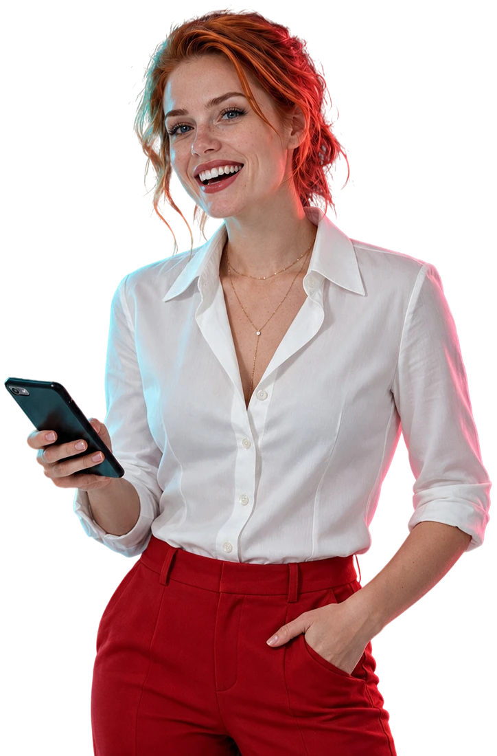 Atendente da Otimize com o celular na mão, sorrindo