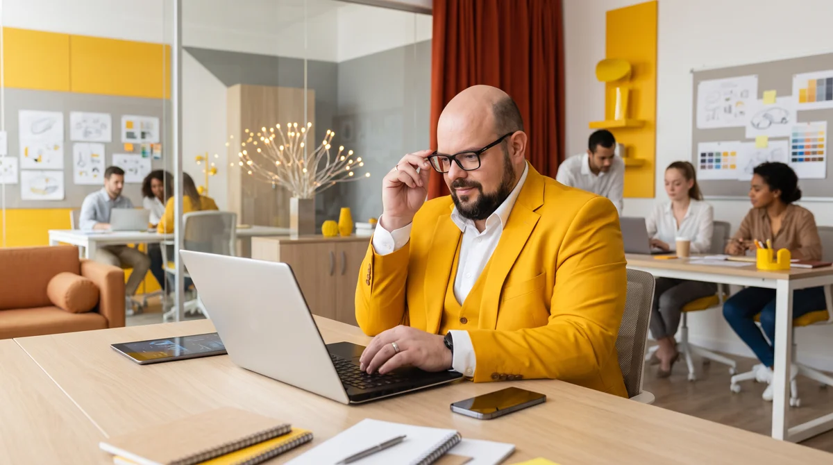 Flávio de blazer amarelo sentado à mesa trabalhando no notebook; equipe e quadros de post-its ao fundo