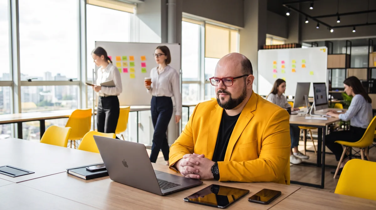 Flávio de blazer amarelo sentado à mesa trabalhando no notebook; equipe e quadros de post-its ao fundo