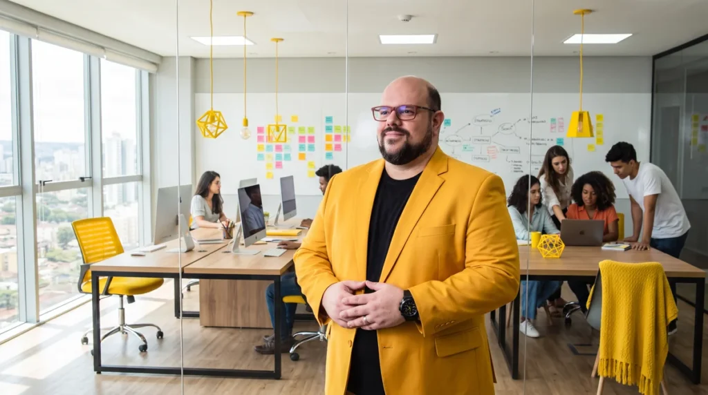 Flávio de blazer amarelo em pé no escritório da agência, mãos unidas; equipe trabalhando ao fundo