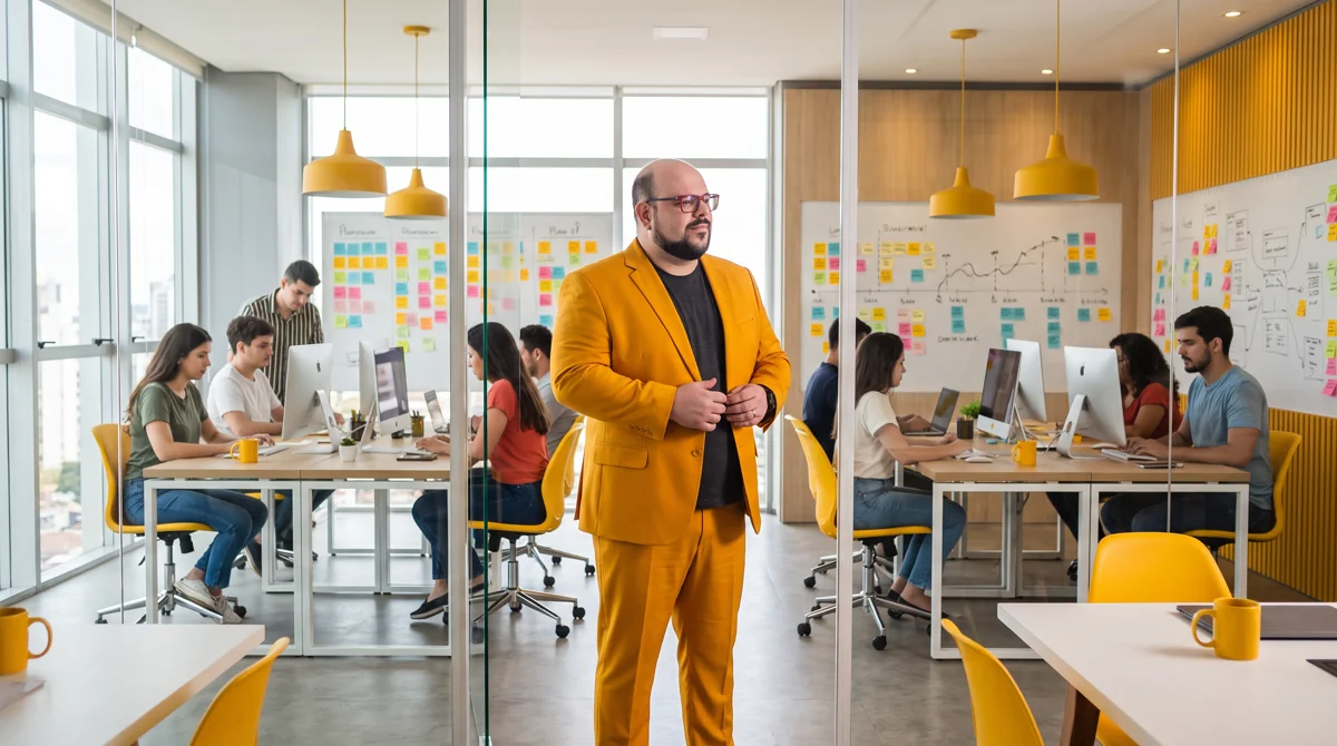 Flávio de blazer amarelo em pé no escritório da agência, mãos unidas; equipe trabalhando ao fundo