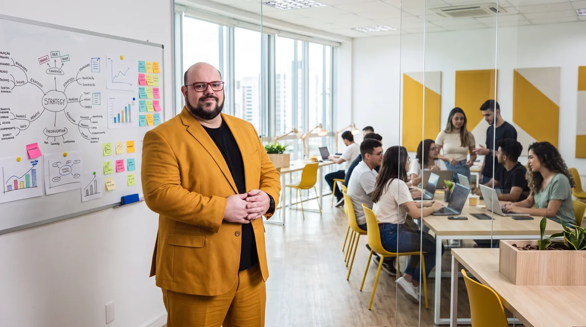 Flávio de terno mostarda e camiseta preta ao lado do quadro de estratégia com gráficos; equipe à mesa