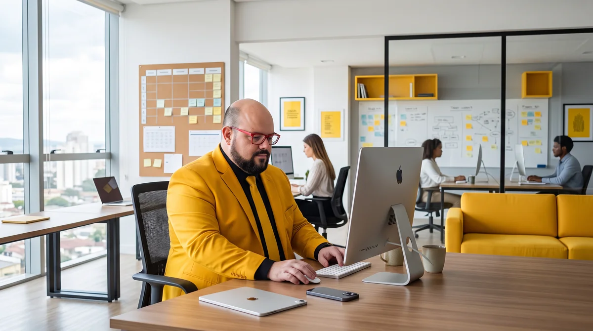 Flávio de blazer amarelo sentado à mesa trabalhando no notebook; equipe e quadros de post-its ao fundo
