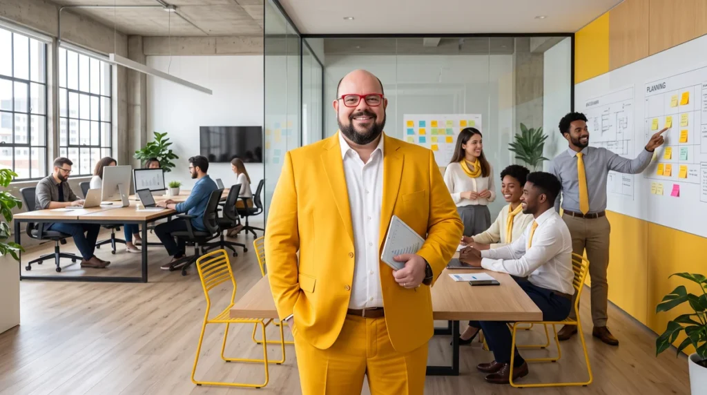 Flávio de terno amarelo sorrindo com tablet; equipe em reunião diante de quadro de post-its