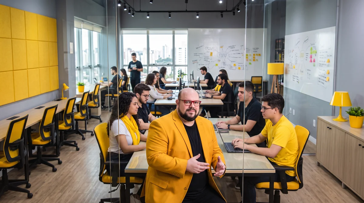 Flávio de blazer amarelo gesticula à mesa com equipe em notebooks; lousas de mapa mental ao fundo