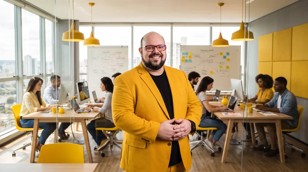 Flávio de blazer amarelo sorri de mãos juntas; equipe em mesas e lousas de mapa mental ao fundo