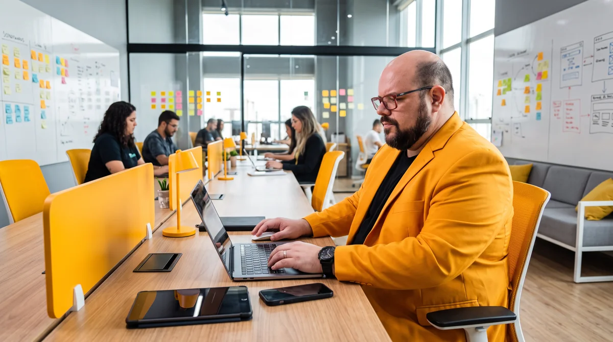 Flávio de blazer âmbar digita no notebook em bancada compartilhada; equipe ao fundo e quadros de post-its