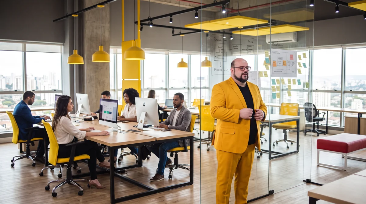 Flávio de terno amarelo e camiseta preta abotoando o blazer; sala de vidro com esquemas, equipe ao fundo