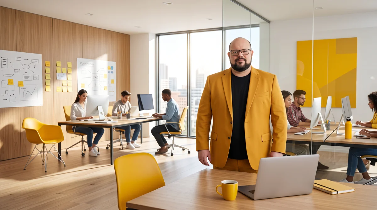 Flávio de blazer amarelo em pé atrás da mesa com notebook e caneca; escritório aberto com equipe
