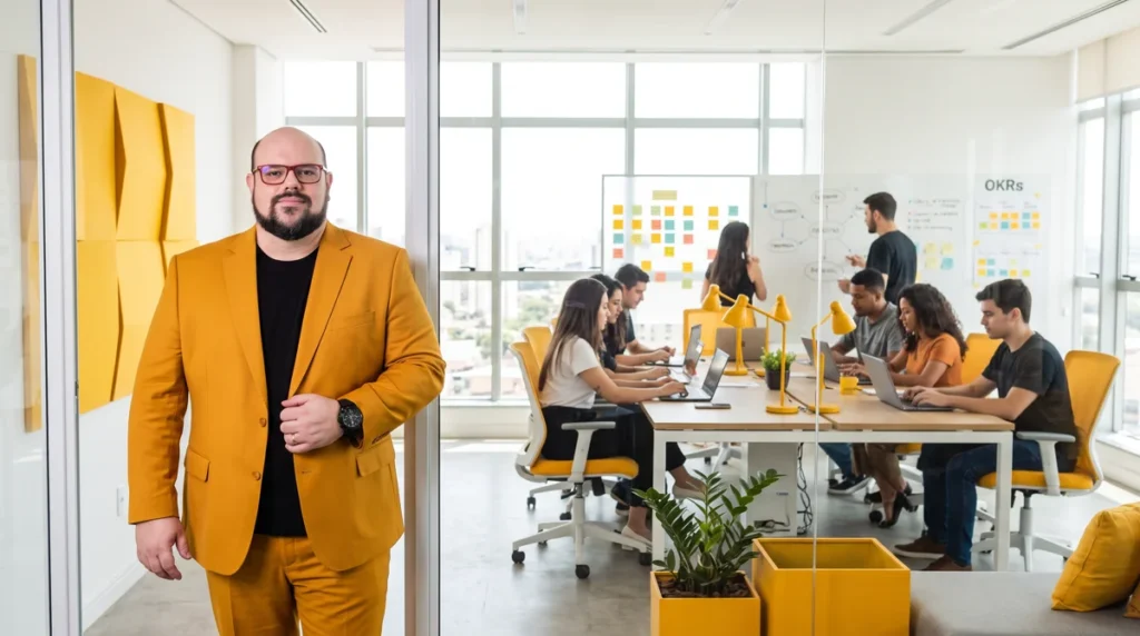 Flávio de terno mostarda e camiseta preta na porta de vidro; equipe à mesa e quadro de OKRs ao fundo