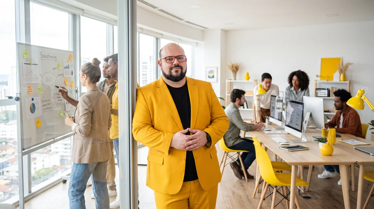 Flávio de terno amarelo encostado na divisória, mãos juntas; equipe em brainstorming e mesas ao fundo