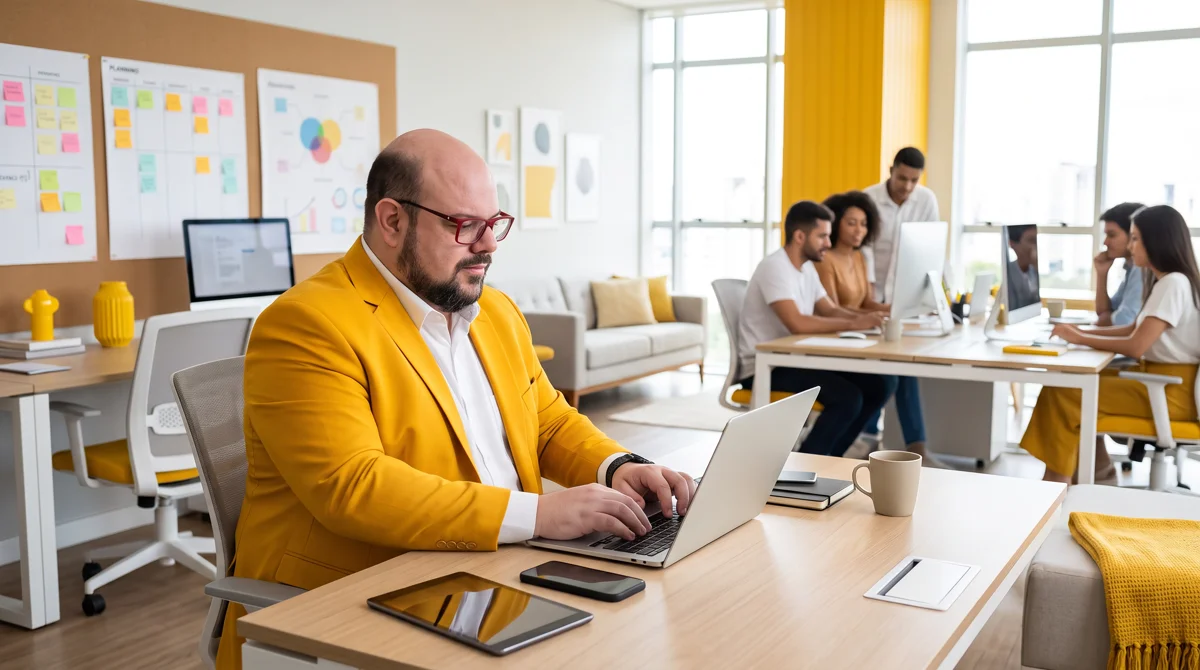 Flávio de blazer amarelo e camisa branca digita no notebook; murais de planejamento e equipe em iMacs