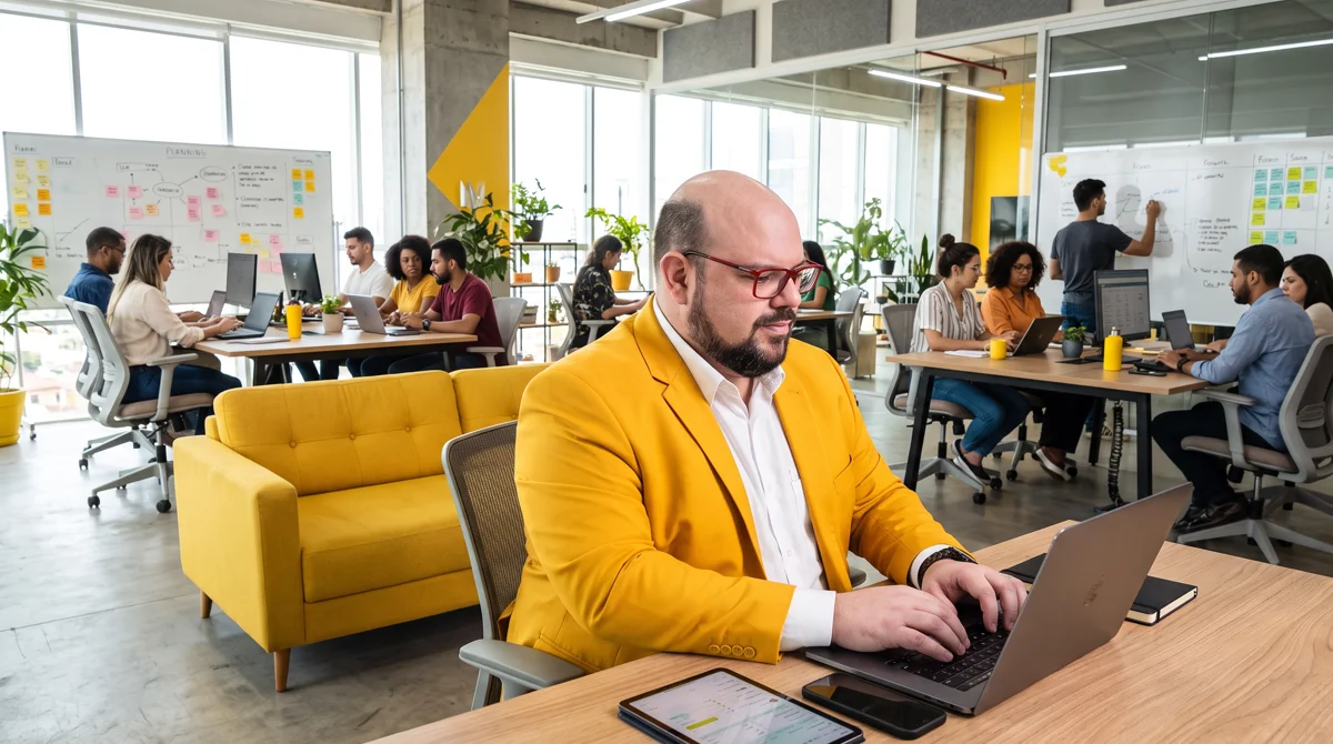 Flávio de blazer amarelo e camisa branca digita no notebook; coworking com sofá amarelo e quadro de planejamento