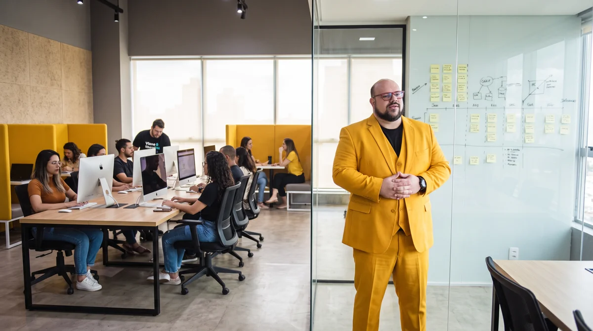 Flávio de blazer amarelo em pé no escritório da agência, mãos unidas; equipe trabalhando ao fundo