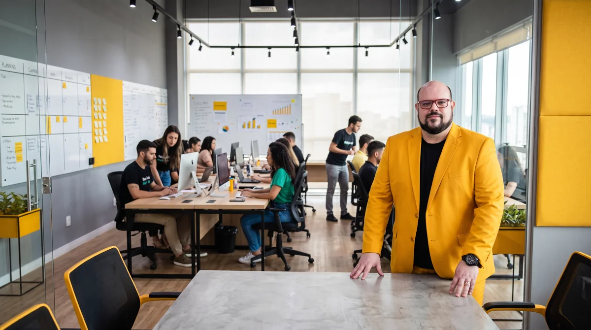 Flávio de blazer amarelo em pé no escritório da agência, mãos unidas; equipe trabalhando ao fundo