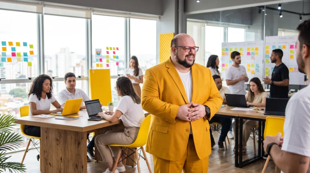 Flávio de blazer amarelo em pé no escritório da agência, mãos unidas; equipe trabalhando ao fundo