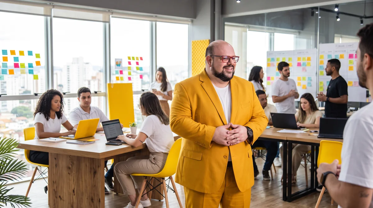 Flávio de blazer amarelo em pé no escritório da agência, mãos unidas; equipe trabalhando ao fundo