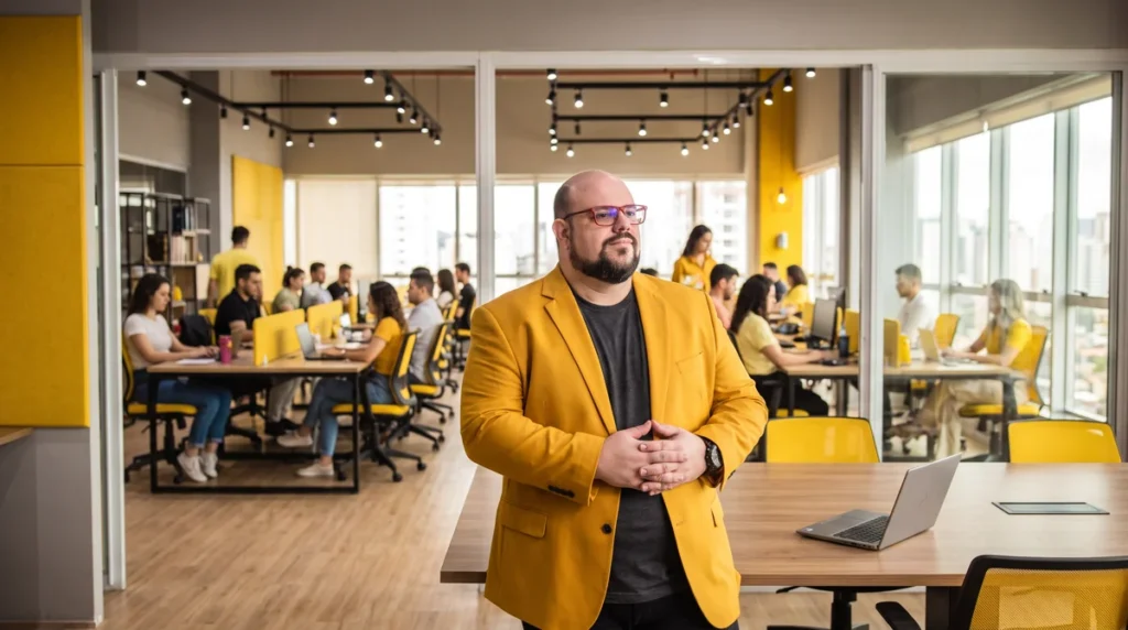Flávio de blazer amarelo em pé no escritório da agência, mãos unidas; equipe trabalhando ao fundo
