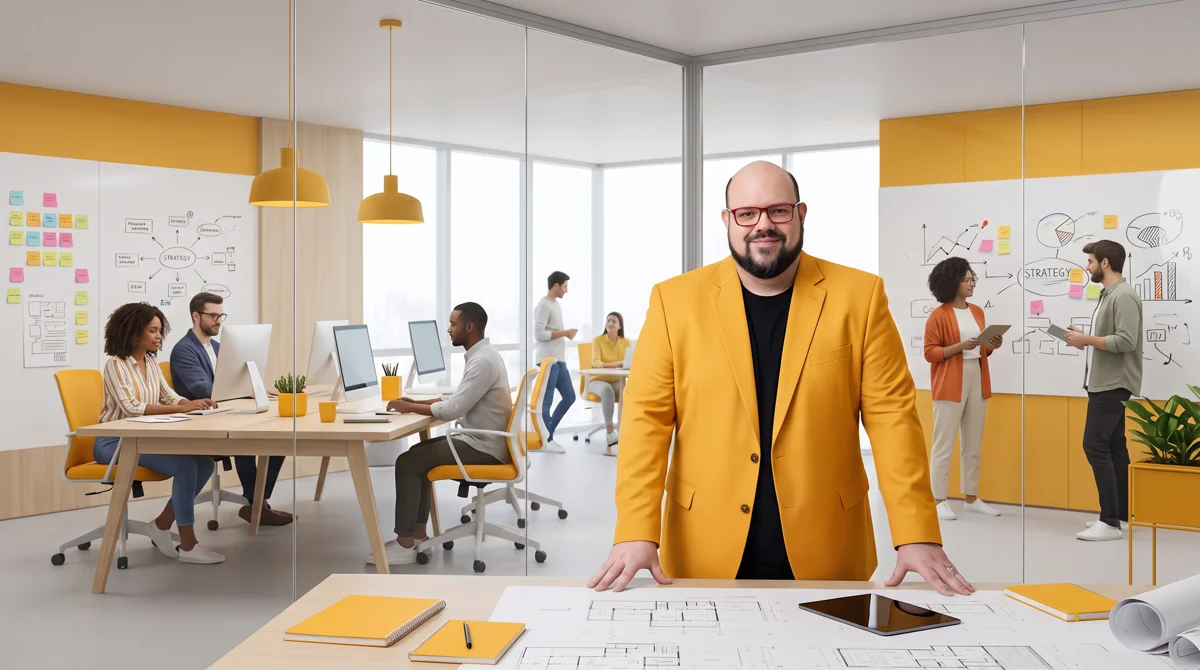 Flávio de blazer amarelo em pé no escritório da agência, mãos unidas; equipe trabalhando ao fundo