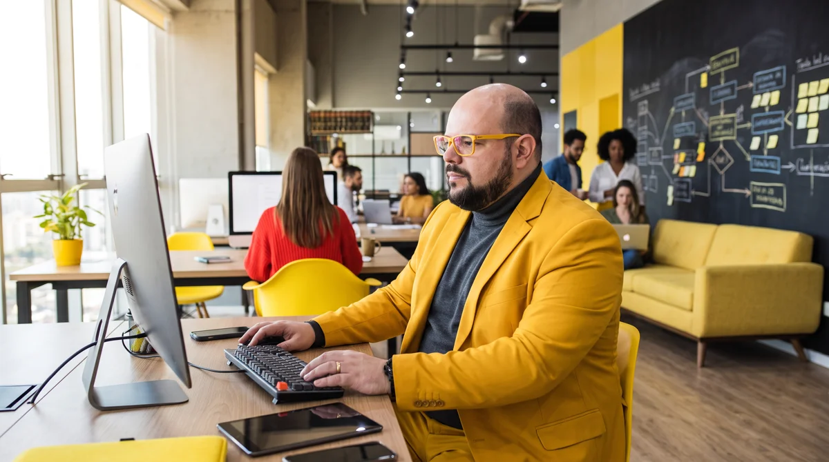 Flávio de blazer amarelo sentado à mesa trabalhando no notebook; equipe e quadros de post-its ao fundo