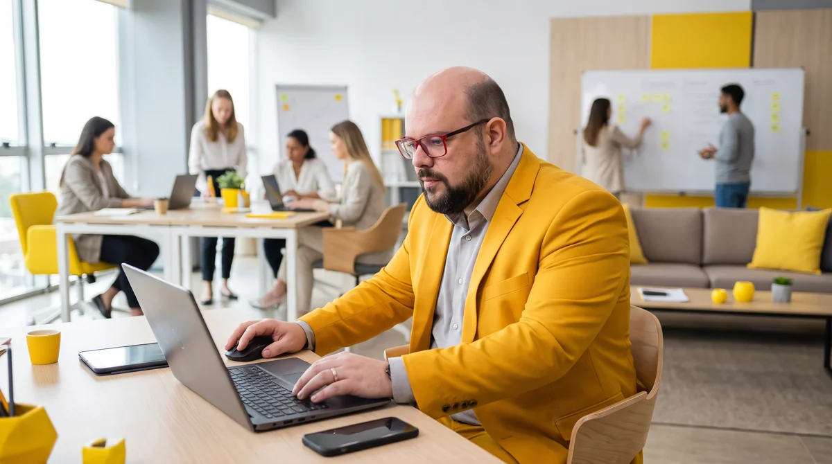 Flávio de blazer amarelo sentado à mesa trabalhando no notebook; equipe e quadros de post-its ao fundo
