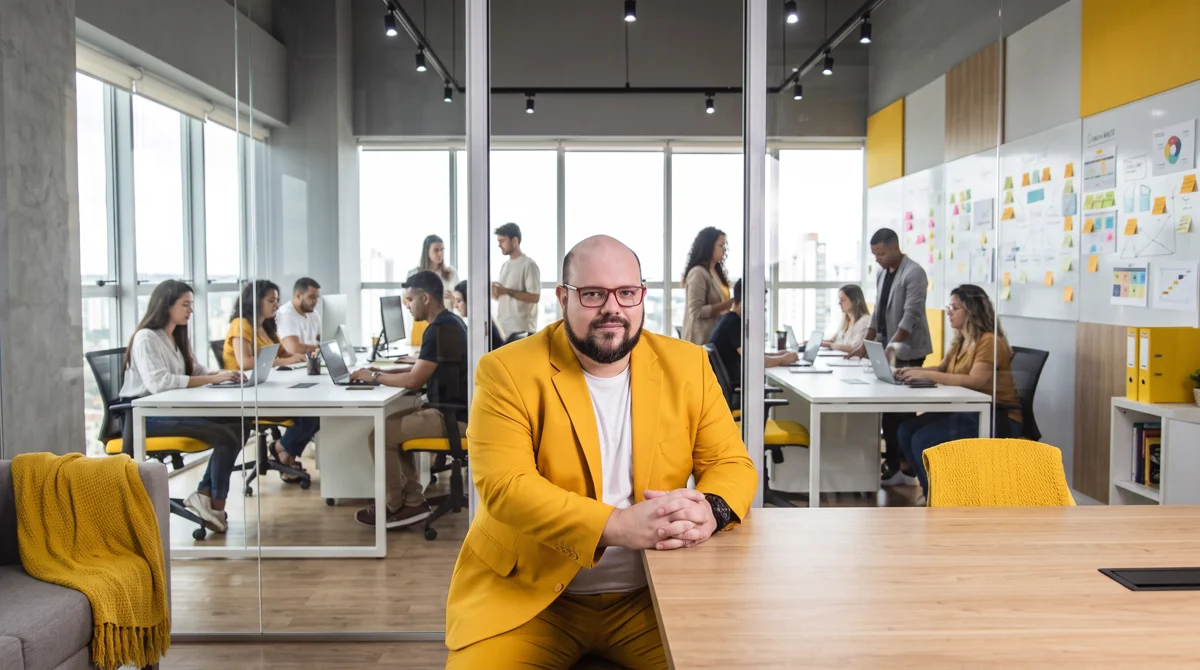 Flávio de blazer amarelo sentado à mesa trabalhando no notebook; equipe e quadros de post-its ao fundo