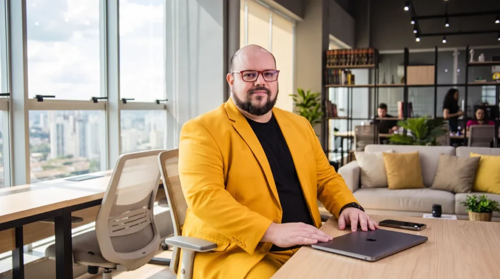Flávio de blazer amarelo sentado à mesa trabalhando no notebook; equipe e quadros de post-its ao fundo
