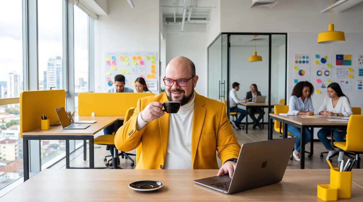 Flávio de blazer amarelo sentado à mesa trabalhando no notebook; equipe e quadros de post-its ao fundo