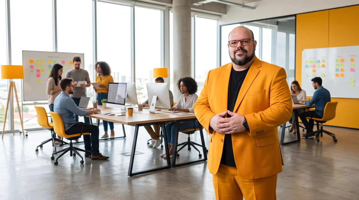 Flávio de blazer amarelo em pé no escritório da agência, mãos unidas; equipe trabalhando ao fundo