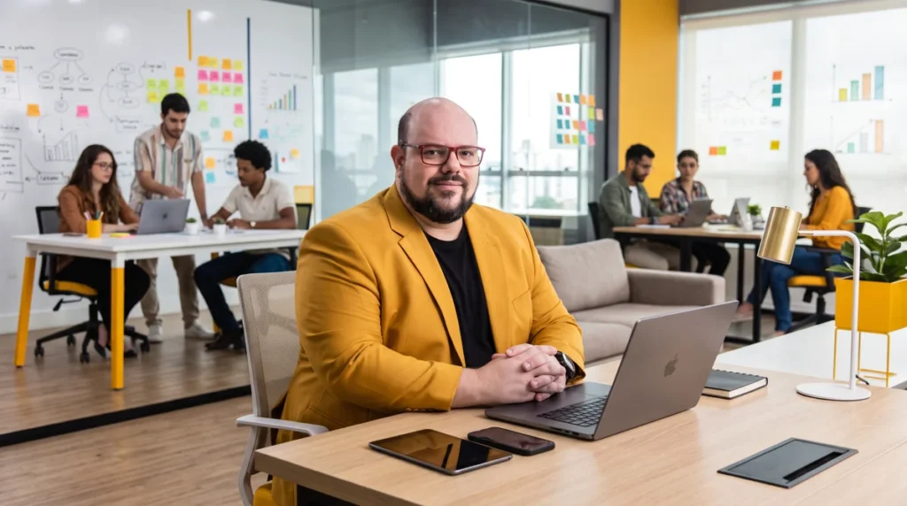Flávio de blazer amarelo sentado à mesa trabalhando no notebook; equipe e quadros de post-its ao fundo