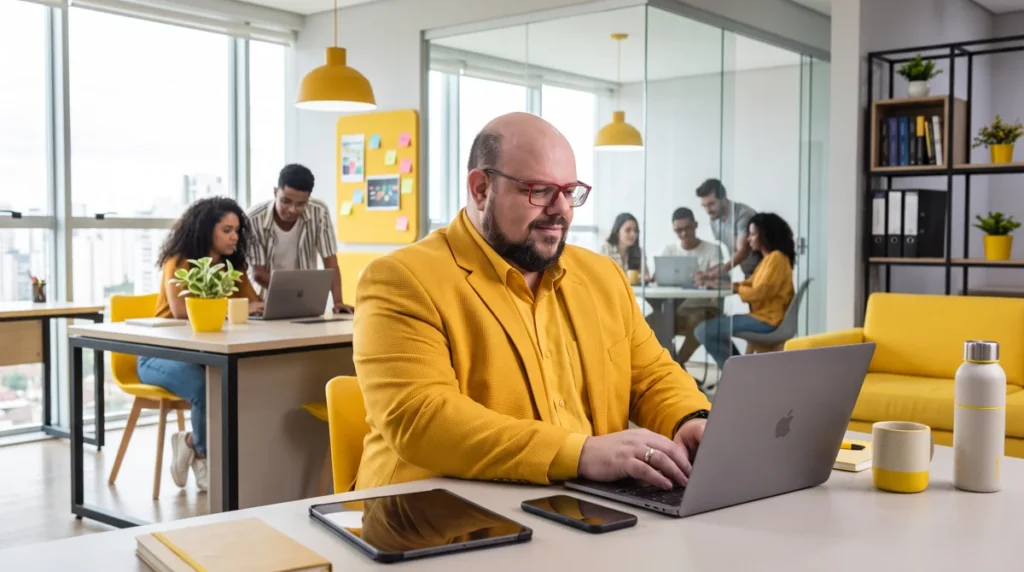 Flávio de blazer amarelo sentado à mesa trabalhando no notebook; equipe e quadros de post-its ao fundo
